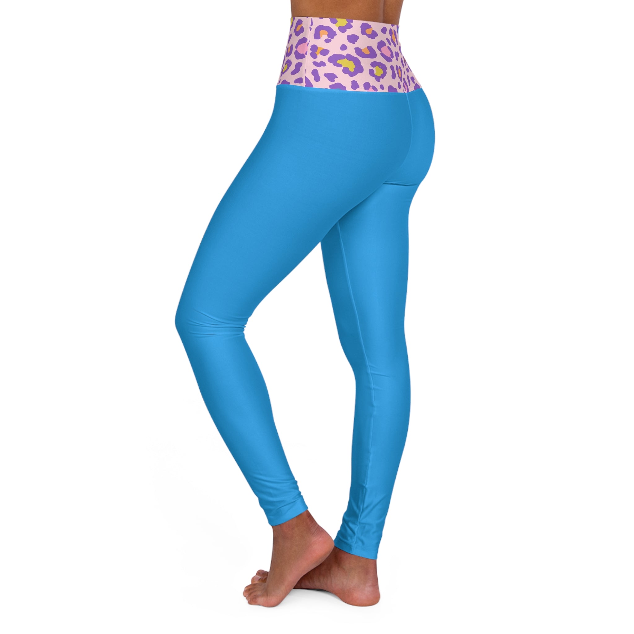 Barbie Girl Breathe Blue High-Waist Yoga Leggings — Purple Leopard Waistband