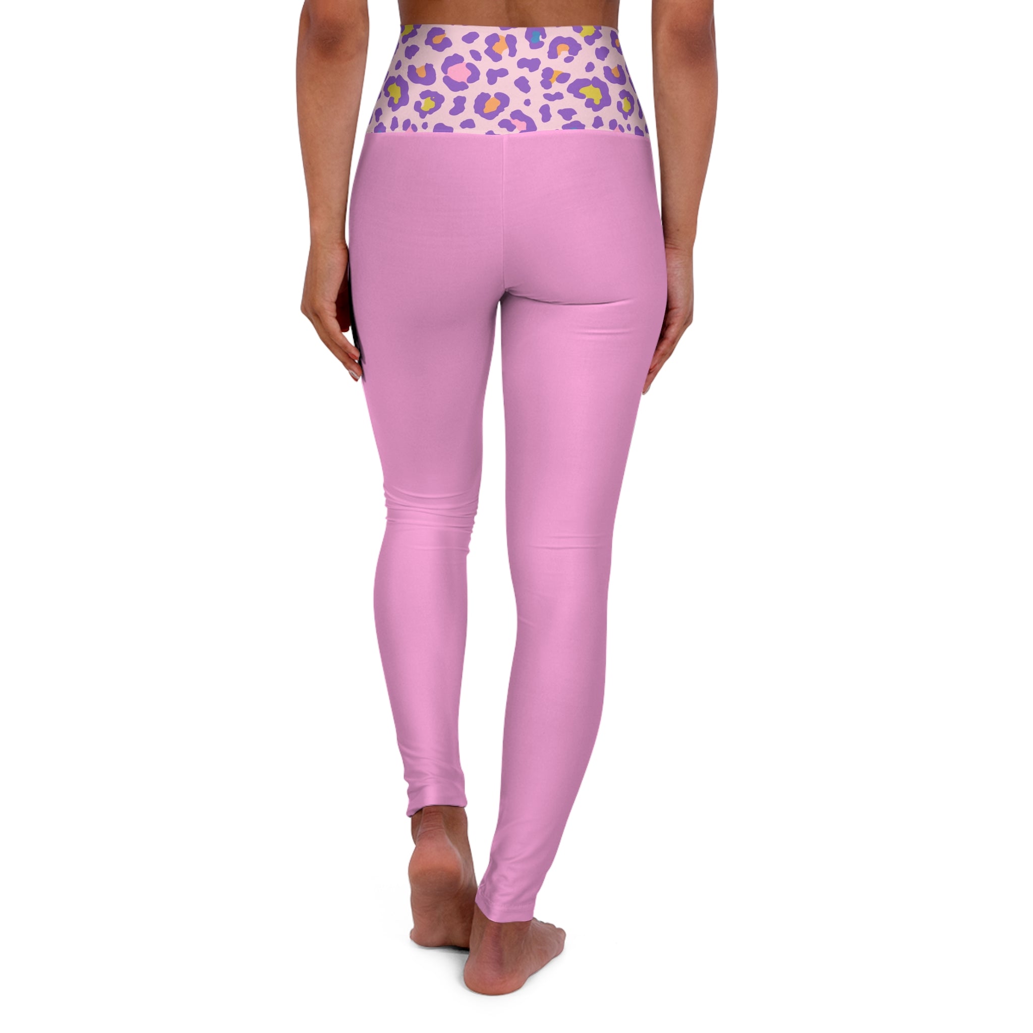 Barbie Girl Breathe Pink High-Waist Yoga Leggings with Purple Leopard Waistband