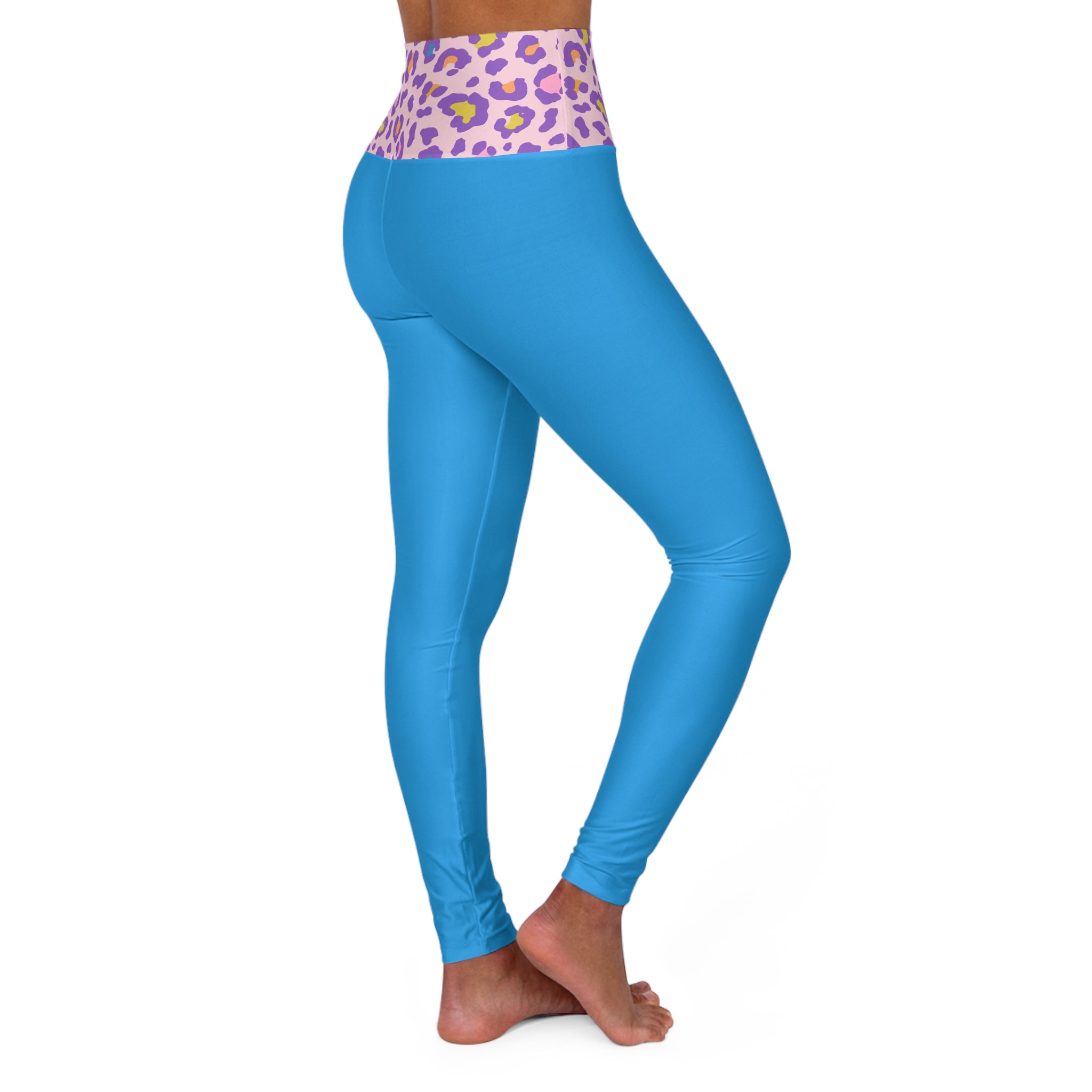 Barbie Girl Breathe Blue High-Waist Yoga Leggings — Purple Leopard Waistband