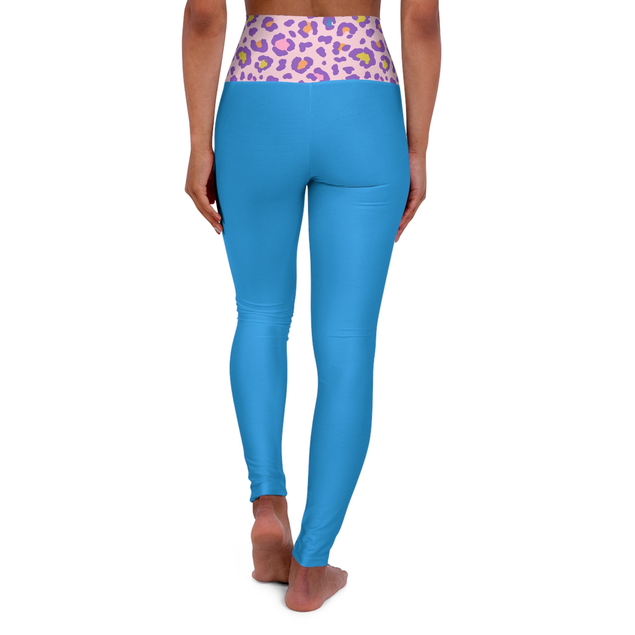 Barbie Girl Breathe Blue High-Waist Yoga Leggings — Purple Leopard Waistband