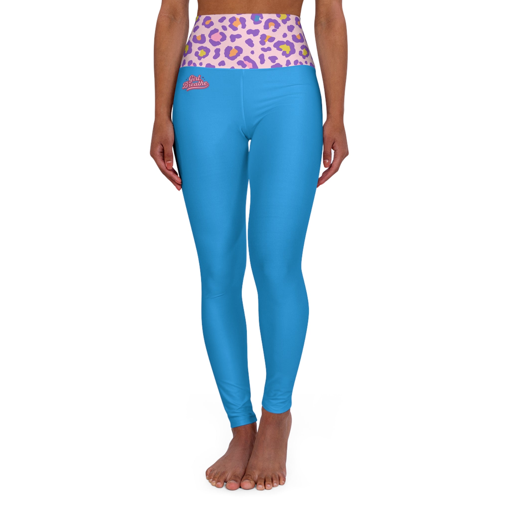 Barbie Girl Breathe Blue High-Waist Yoga Leggings — Purple Leopard Waistband