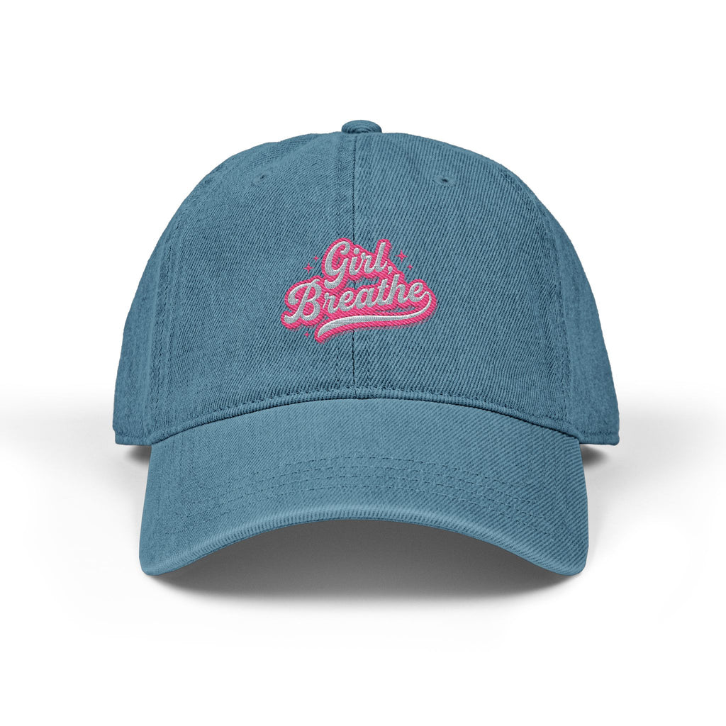 "Girl, Breathe" Pink Script — Embroidered Denim Dad Hat