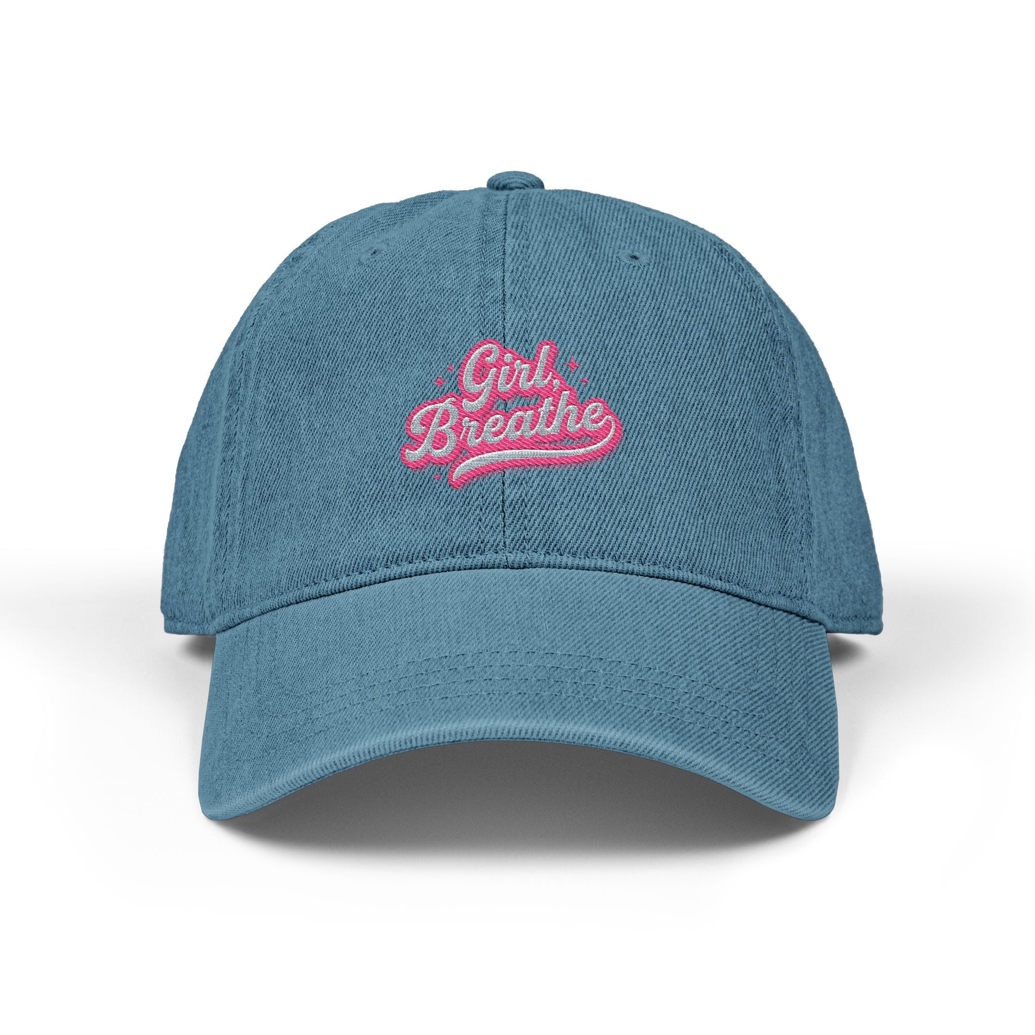 "Girl, Breathe" Pink Script — Embroidered Denim Dad Hat