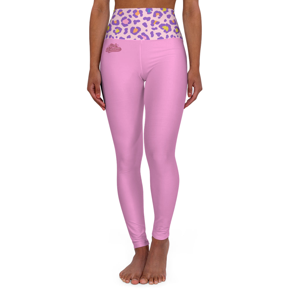 Barbie Girl Breathe Pink High-Waist Yoga Leggings with Purple Leopard Waistband