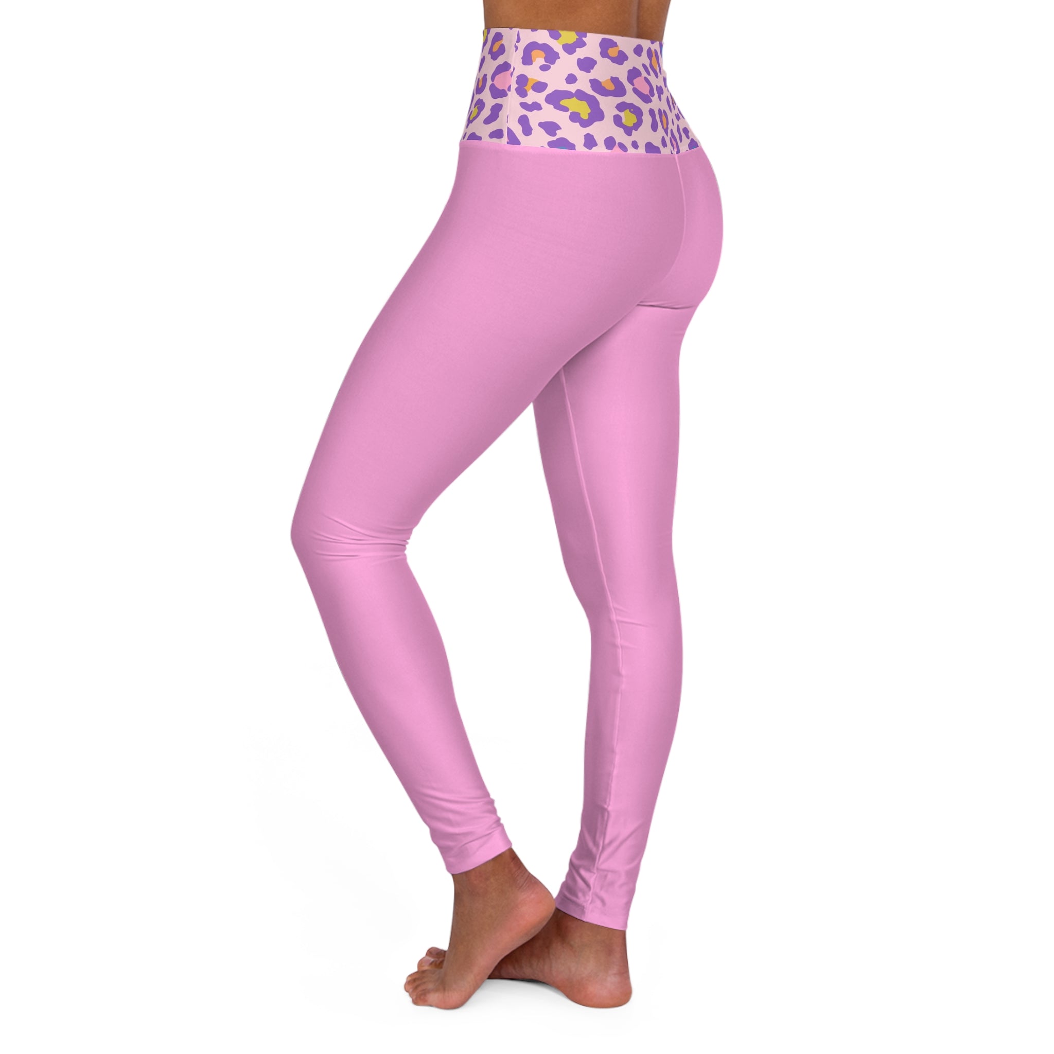 Barbie Girl Breathe Pink High-Waist Yoga Leggings with Purple Leopard Waistband