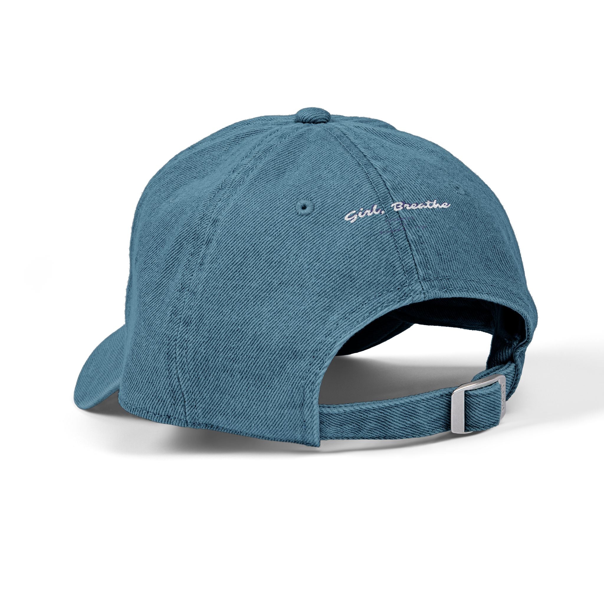 "Girl, Breathe" Pink Script — Embroidered Denim Dad Hat