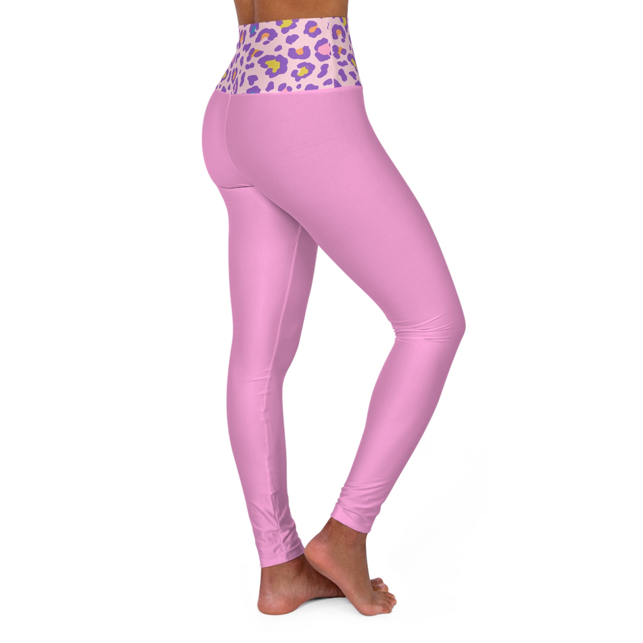 Barbie Girl Breathe Pink High-Waist Yoga Leggings with Purple Leopard Waistband