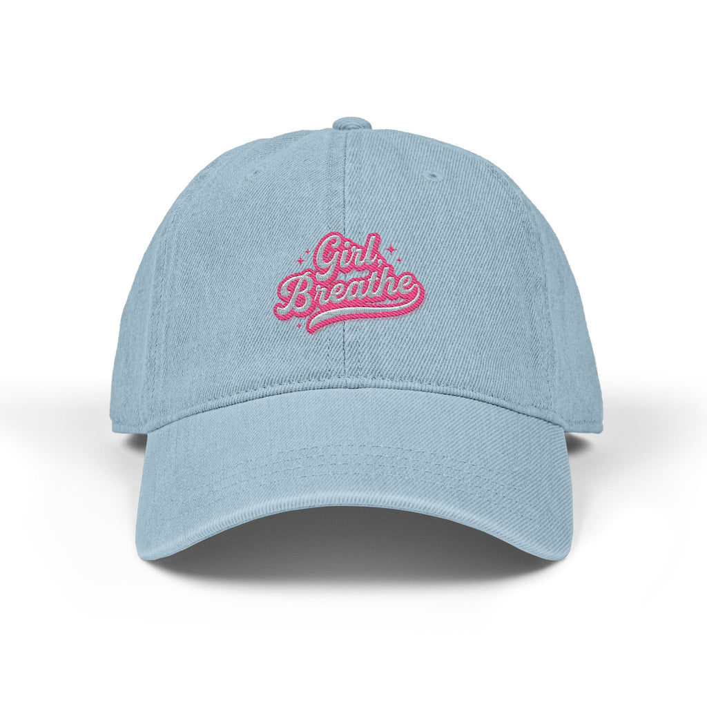 "Girl, Breathe" Pink Script — Embroidered Denim Dad Hat