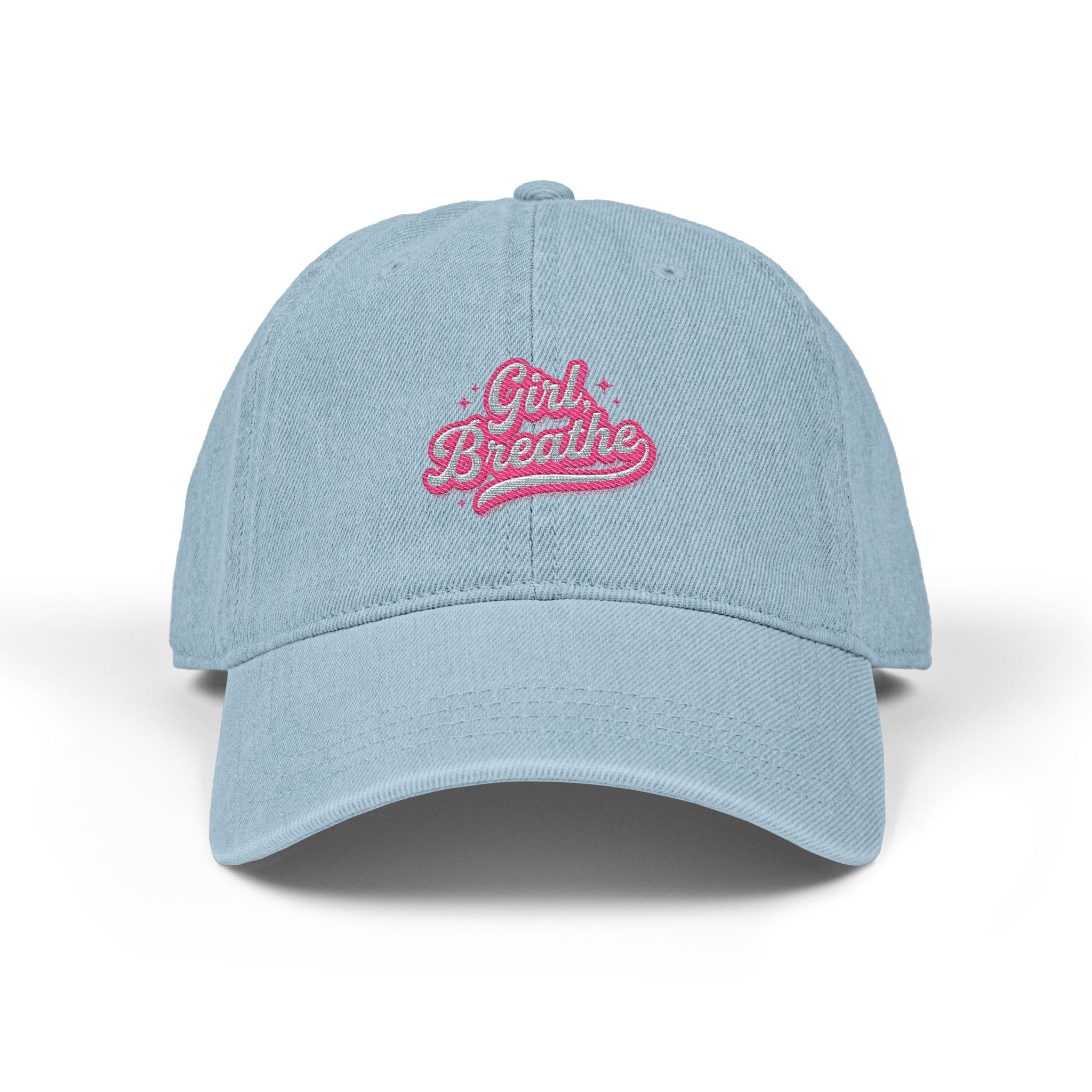 "Girl, Breathe" Pink Script — Embroidered Denim Dad Hat